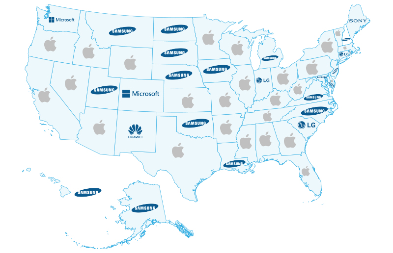 Most sold phones state map